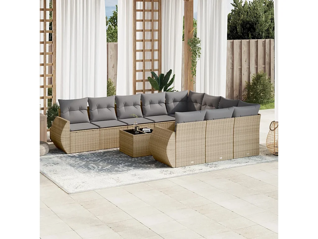 11-tlg. Garten-Sofagarnitur mit Kissen Beige Poly Rattan
