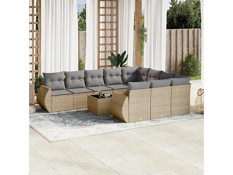 Set Divani da Giardino 11 pz con Cuscini Beige in Polyrattan