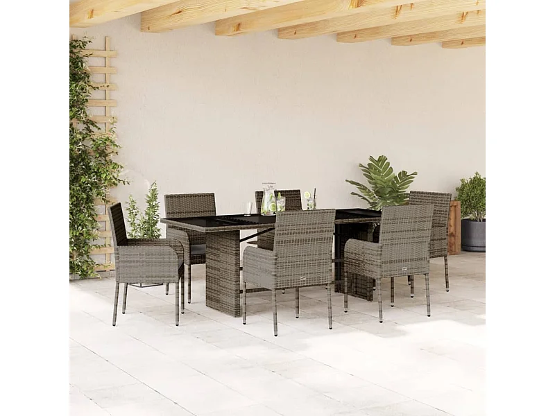 7-tlg. Garten-Essgruppe mit Kissen Grau Poly Rattan