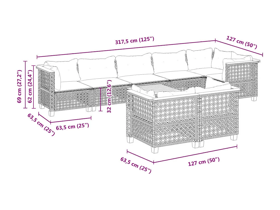 Set Divano da Giardino 9 pz con Cuscini Grigio in Polyrattan
