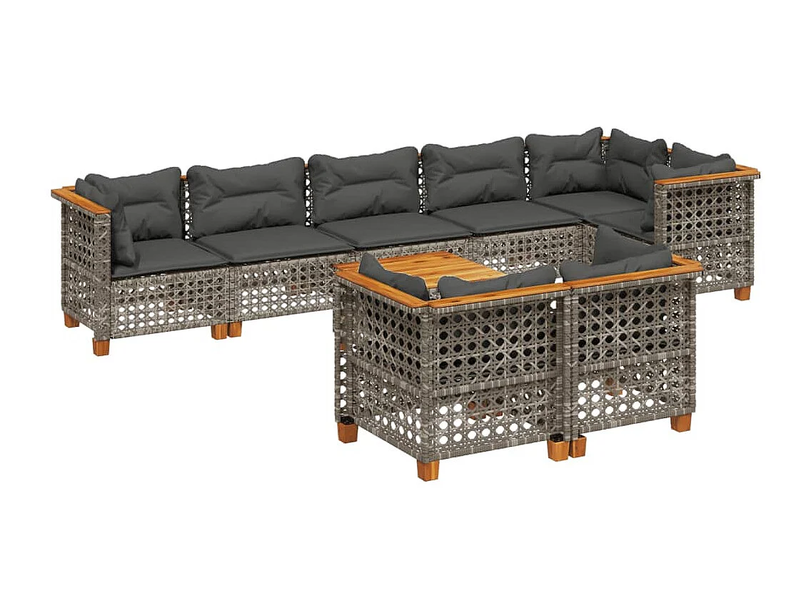 Salon de jardin 9 pcs avec coussins gris résine tressée