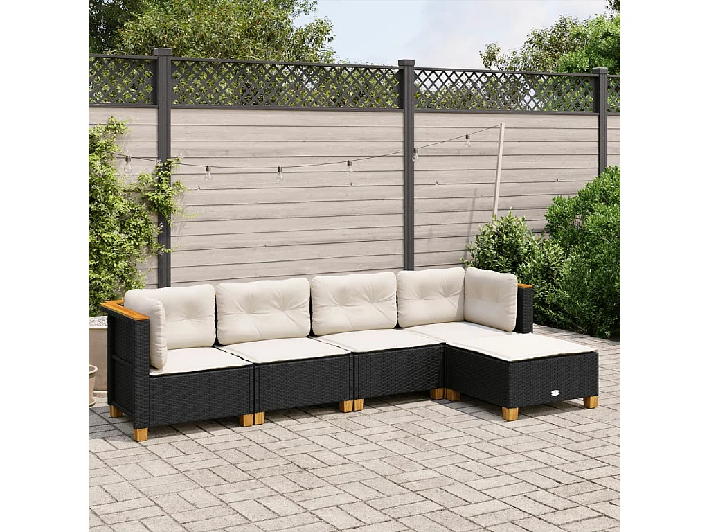 5-tlg. Garten-Sofagarnitur mit Kissen Schwarz Poly Rattan