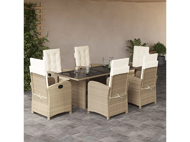 Ensemble à manger de jardin et coussins 7 pcs beige poly rotin