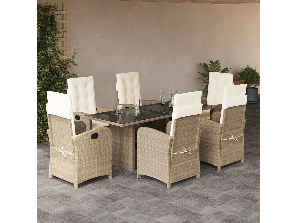 Ensemble à manger de jardin et coussins 7 pcs beige poly rotin