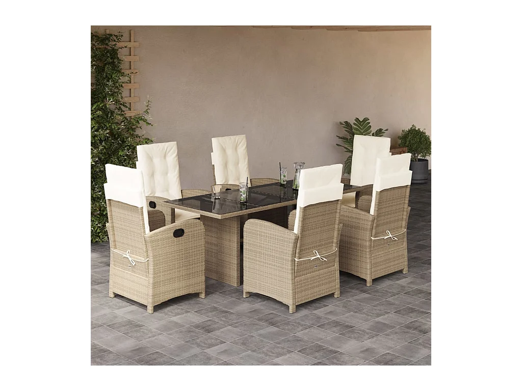 7 pcs conjunto de jantar p/ jardim com almofadões vime PE bege