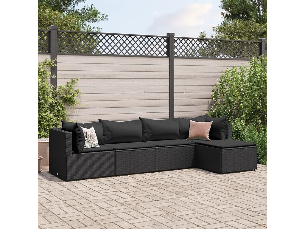 5-tlg. Garten-Lounge-Set mit Kissen Schwarz Poly Rattan