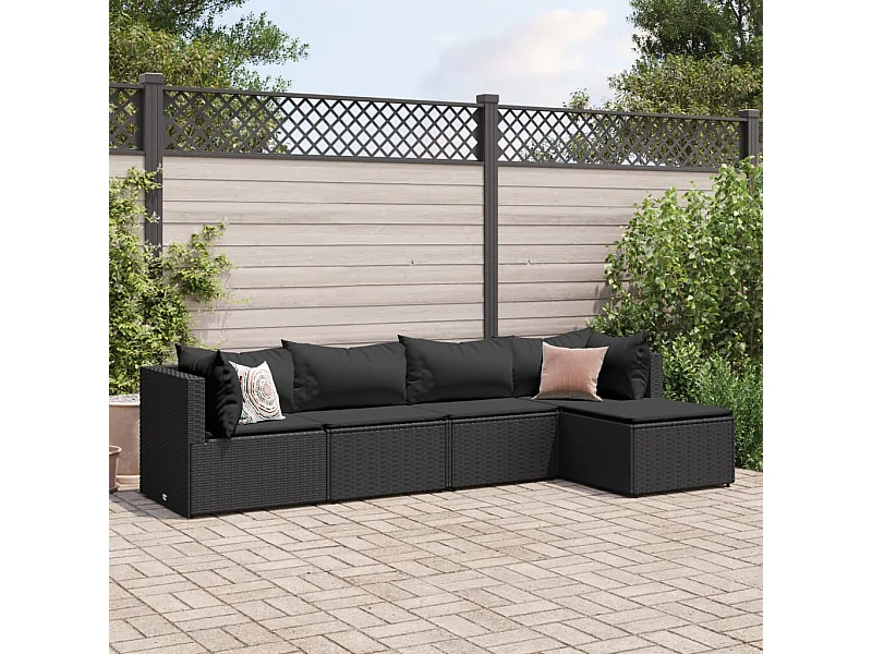 Set Divani da Giardino 5 pz con Cuscini Nero in Polyrattan