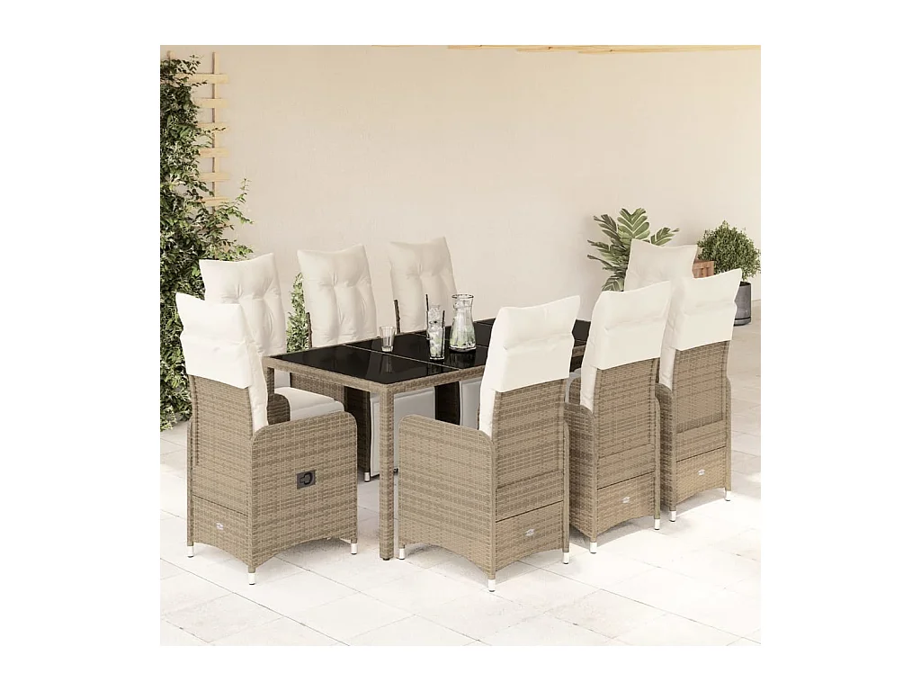 Ensemble de bistro de jardin 9 pcs coussins marron poly rotin