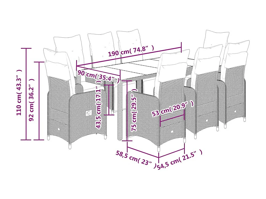 Ensemble de bistro de jardin 9 pcs coussins marron poly rotin