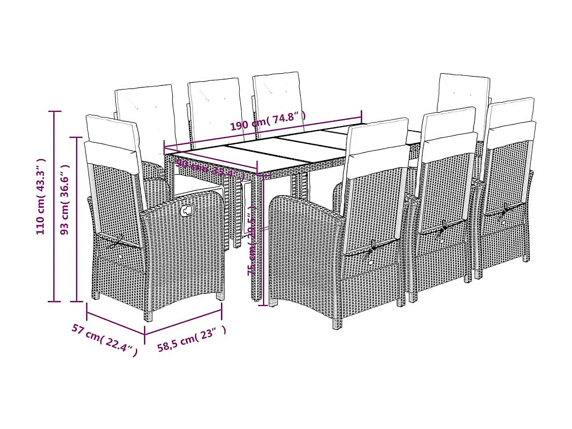 Set da Pranzo da Giardino 9 pz con Cuscini Nero in Polyrattan