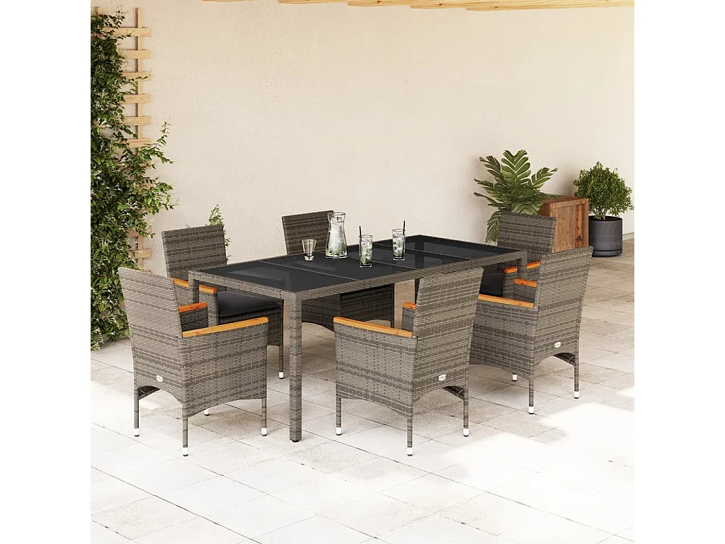 Ensemble à manger de jardin et coussins 7 pcs gris rotin verre