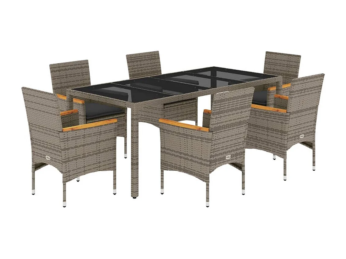 Ensemble à manger de jardin et coussins 7 pcs gris rotin verre