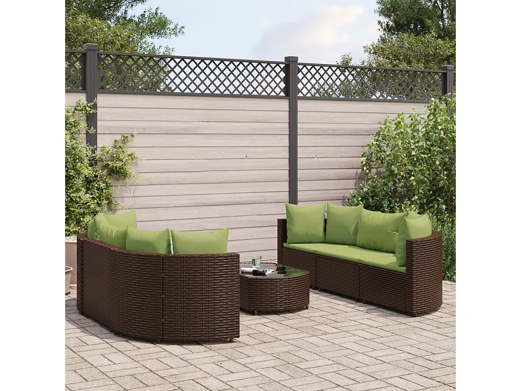 7 pcs conjunto de sofás jardim c/ almofadões vime PE castanho