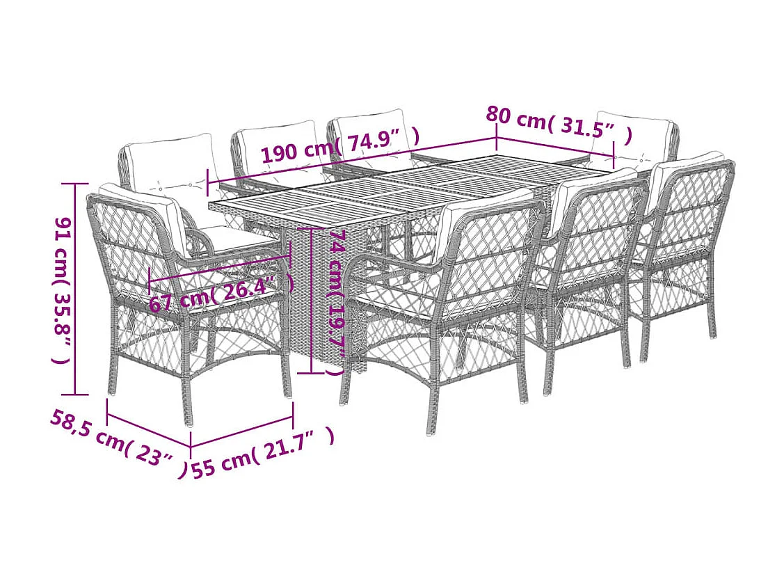 Set comedor de jardín 9 pzas con cojines ratán sintético beige