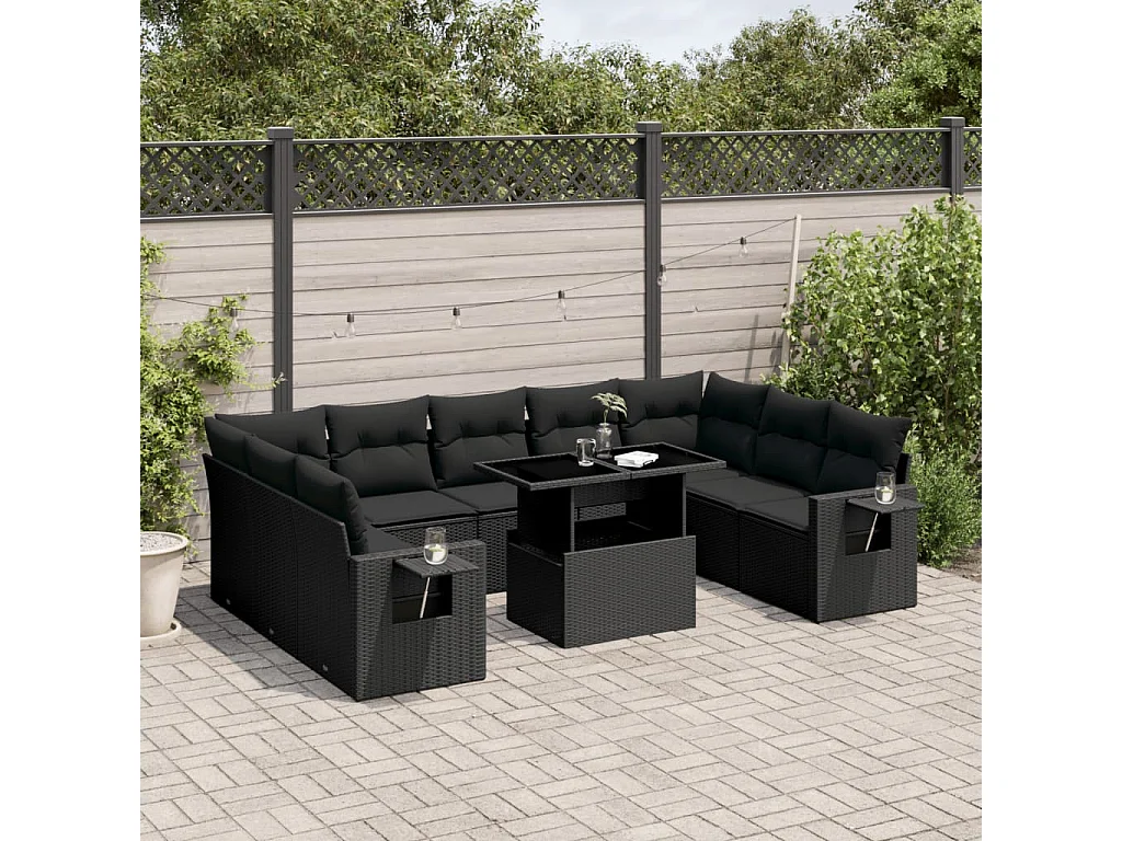 Salon de jardin 10 pcs avec coussins noir résine tressée