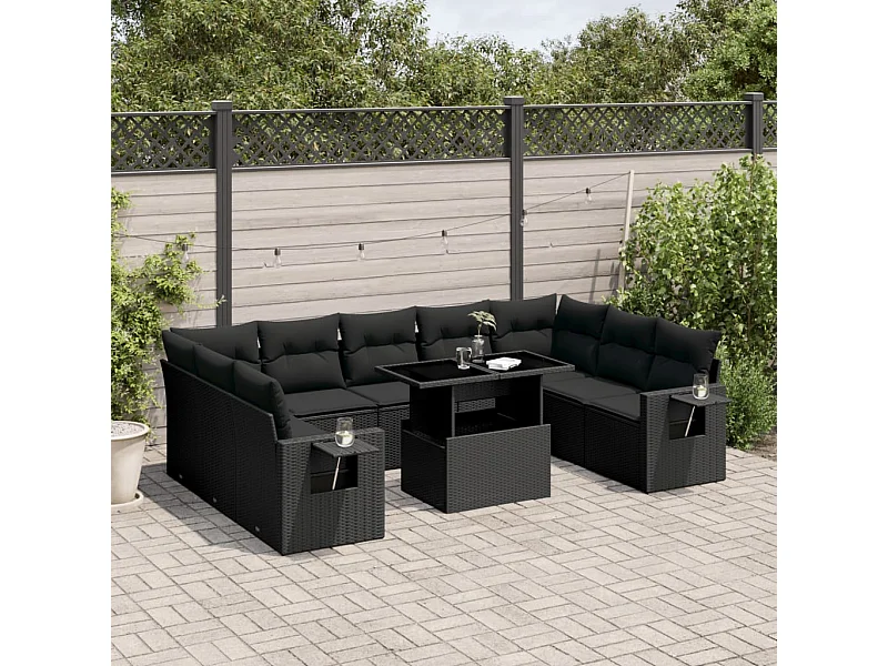 Salon de jardin 10 pcs avec coussins noir résine tressée