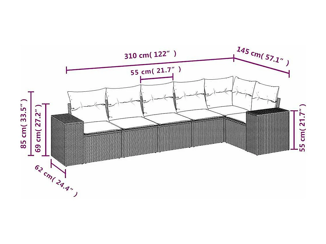 Set Divano da Giardino 6 pz con Cuscini Nero in Polyrattan