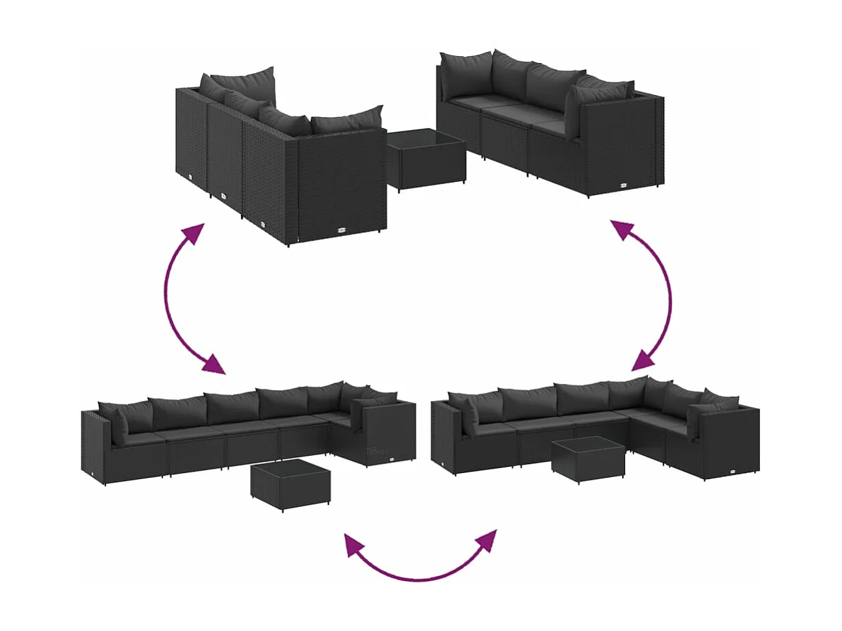 Set de muebles de jardín y cojines 7 pzas ratán sintético negro
