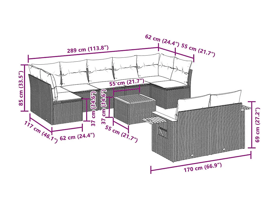 Salon de jardin 10 pcs avec coussins noir résine tressée