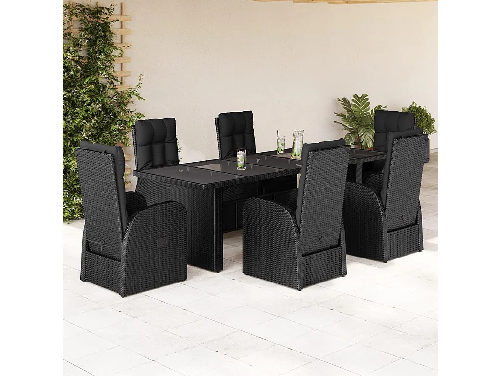 Set da Pranzo da Giardino 7 pz Nero con Cuscini in Polyrattan