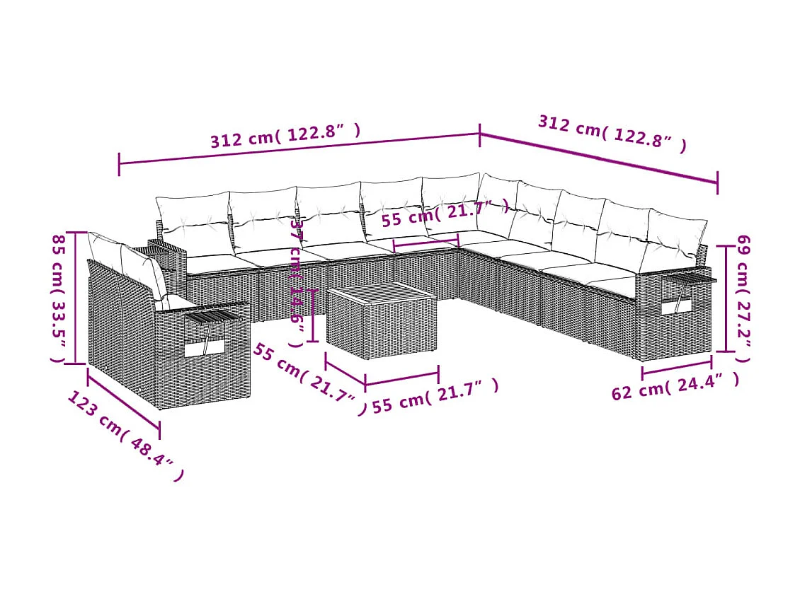 12 pcs conjunto de sofás de jardim c/ almofadões vime PE preto