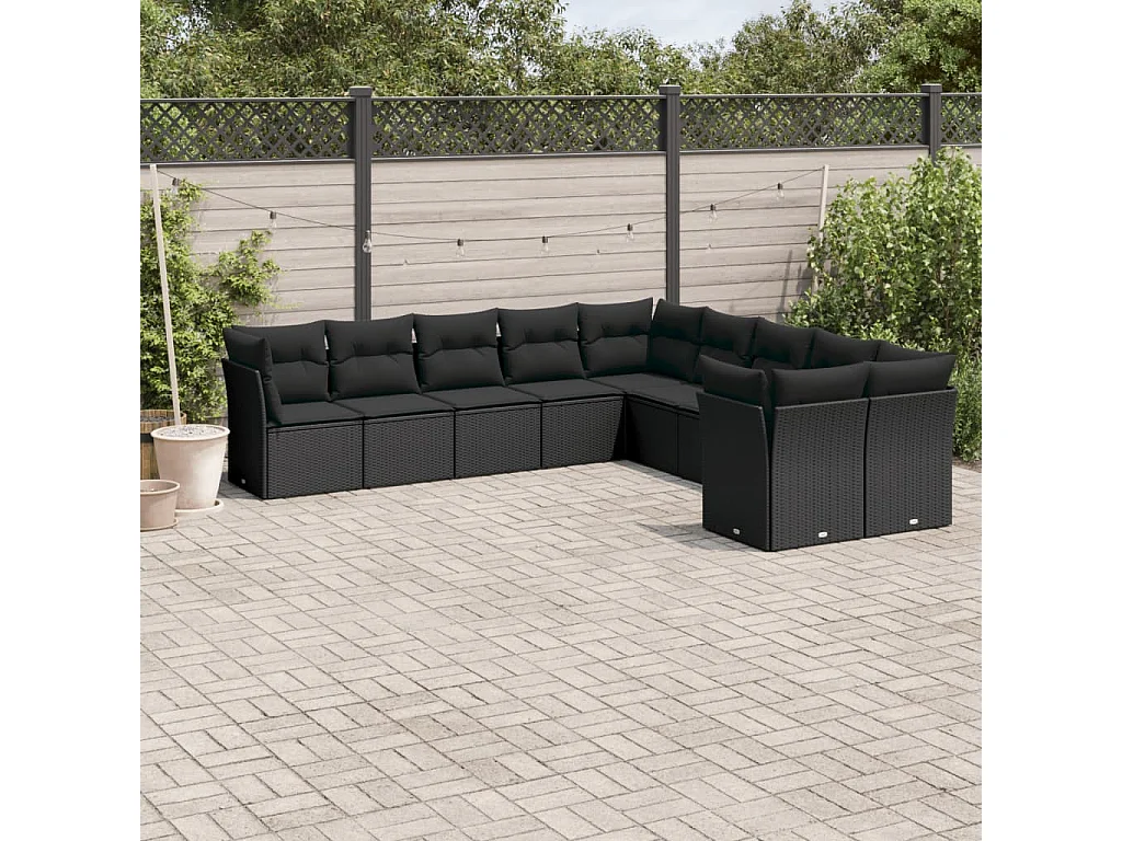 Salon de jardin 10 pcs avec coussins noir résine tressée