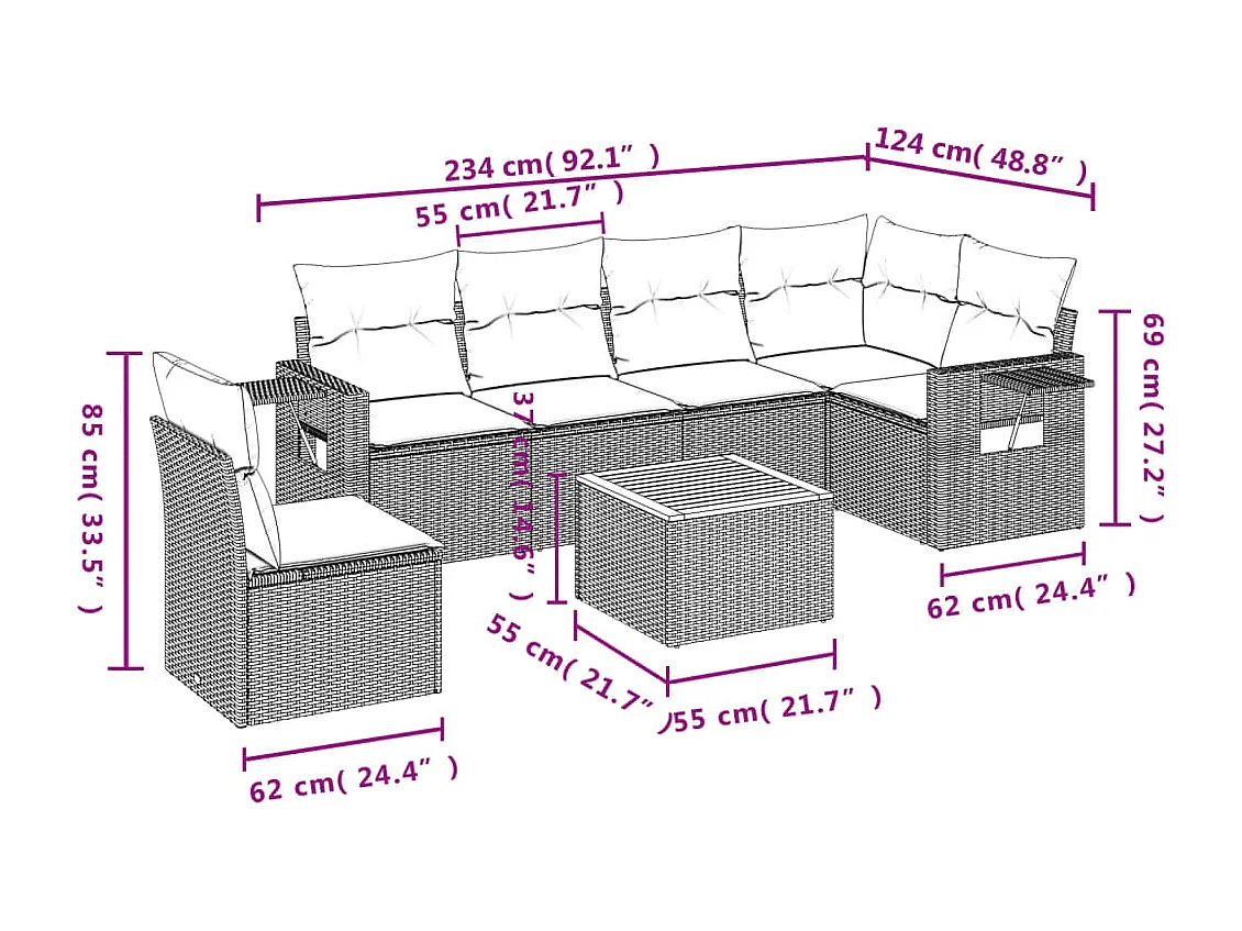 Salon de jardin 7 pcs avec coussins noir résine tressée