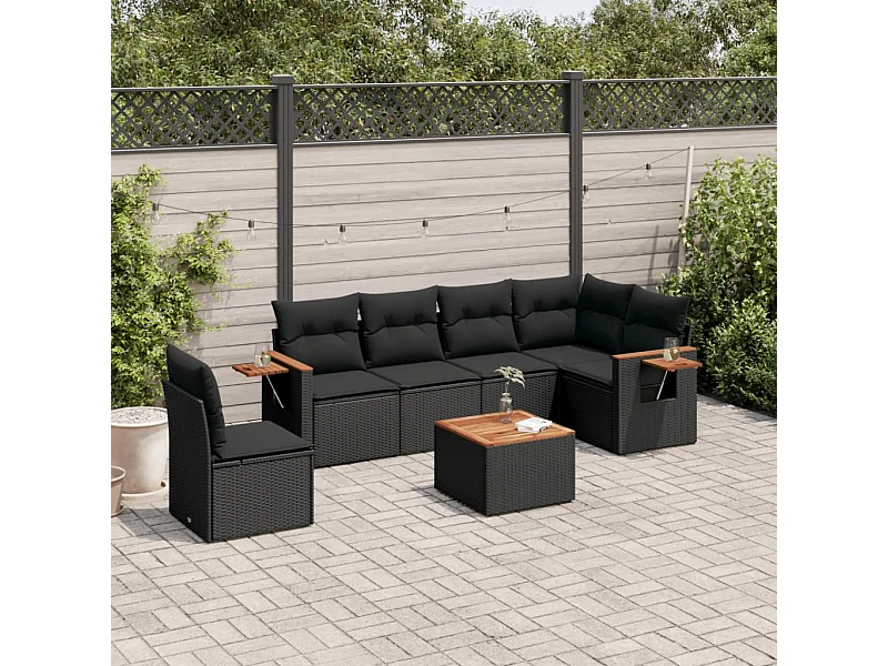 Salon de jardin 7 pcs avec coussins noir résine tressée