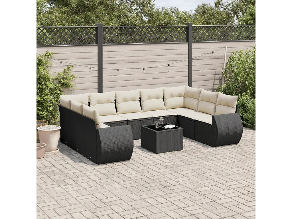 Set Divani da Giardino 10pz con Cuscini in Polyrattan Nero