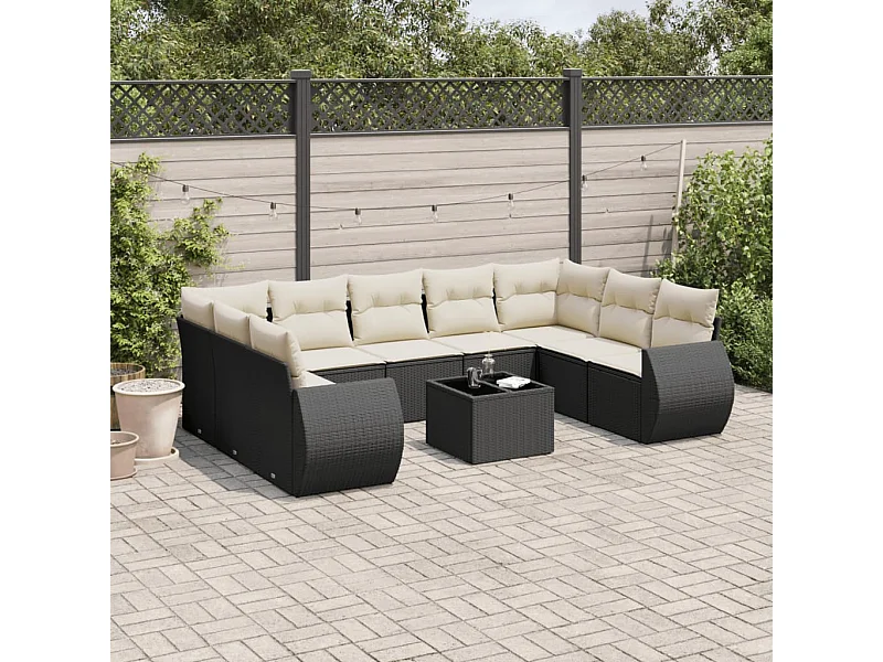 Salon de jardin 10 pcs avec coussins noir résine tressée