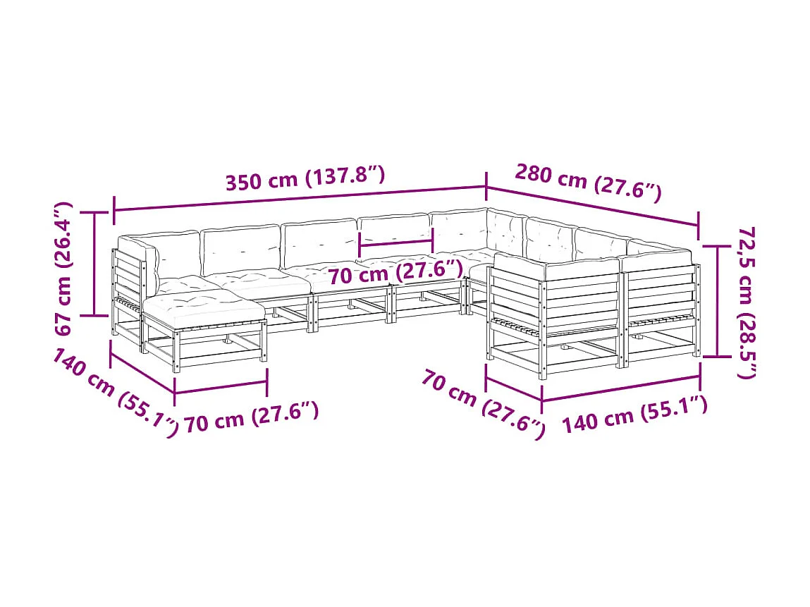 Set Divani Giardino 10pz con Cuscini Marrone Cera Massello Pino