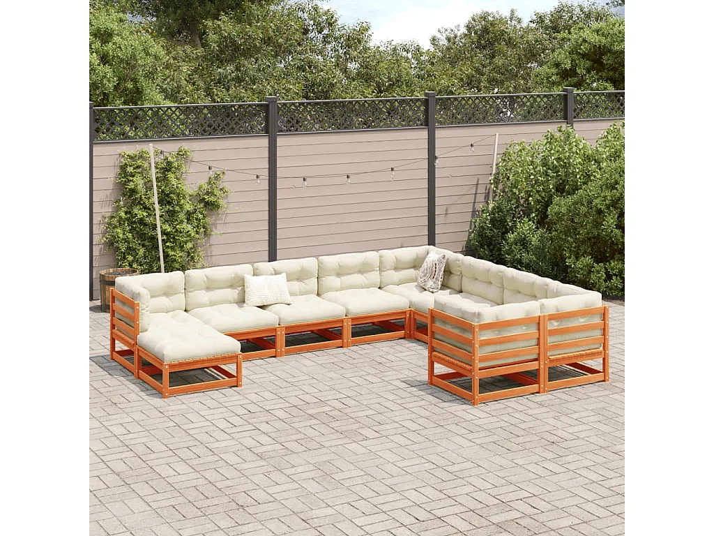 Salon de jardin 10pcs avec coussins cire marron bois pin massif