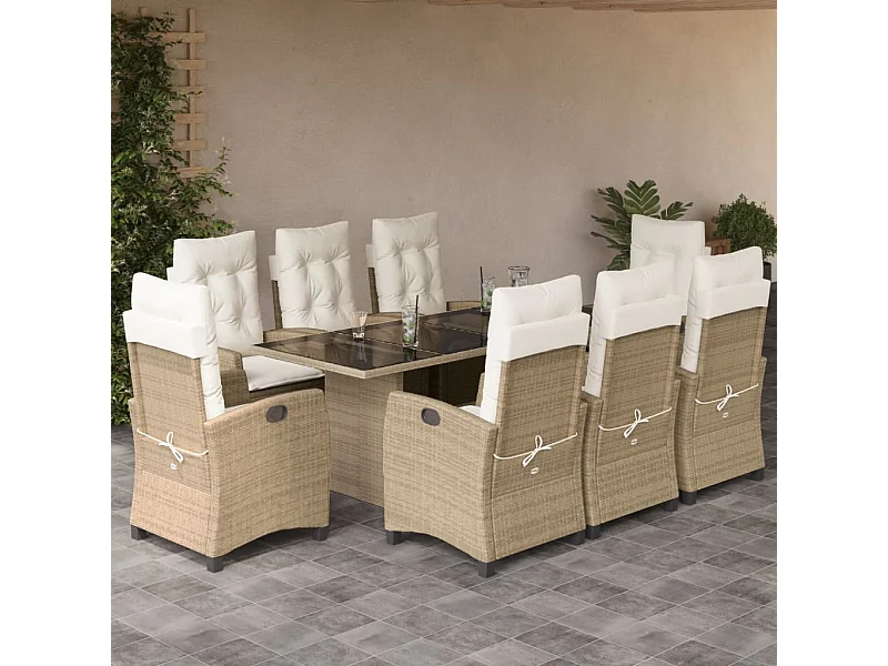 Ensemble à manger de jardin et coussins 9 pcs beige Poly rotin