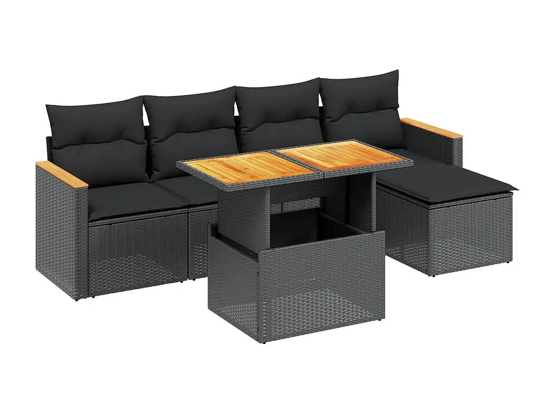 Salon de jardin 6 pcs avec coussins noir résine tressée