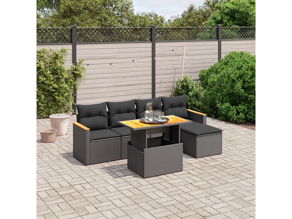 Salon de jardin 6 pcs avec coussins noir résine tressée
