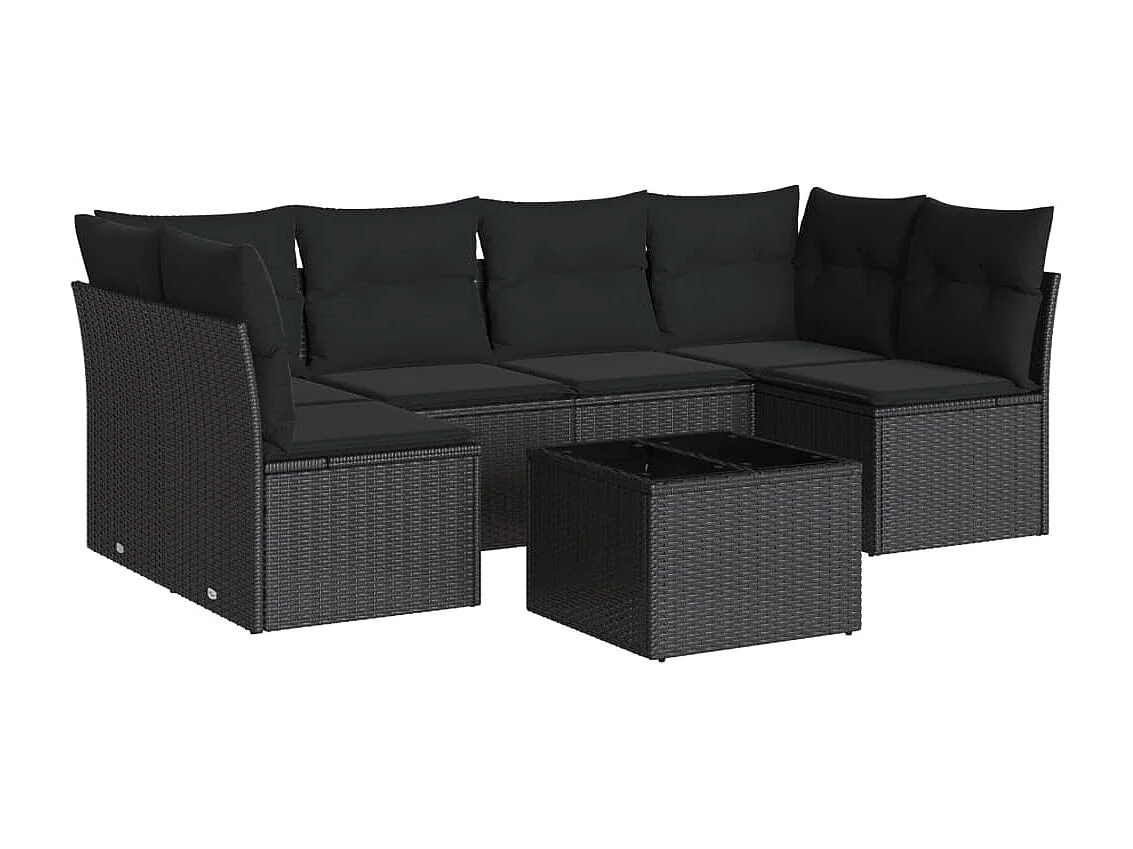 7-tlg. Garten-Sofagarnitur mit Kissen Schwarz Poly Rattan