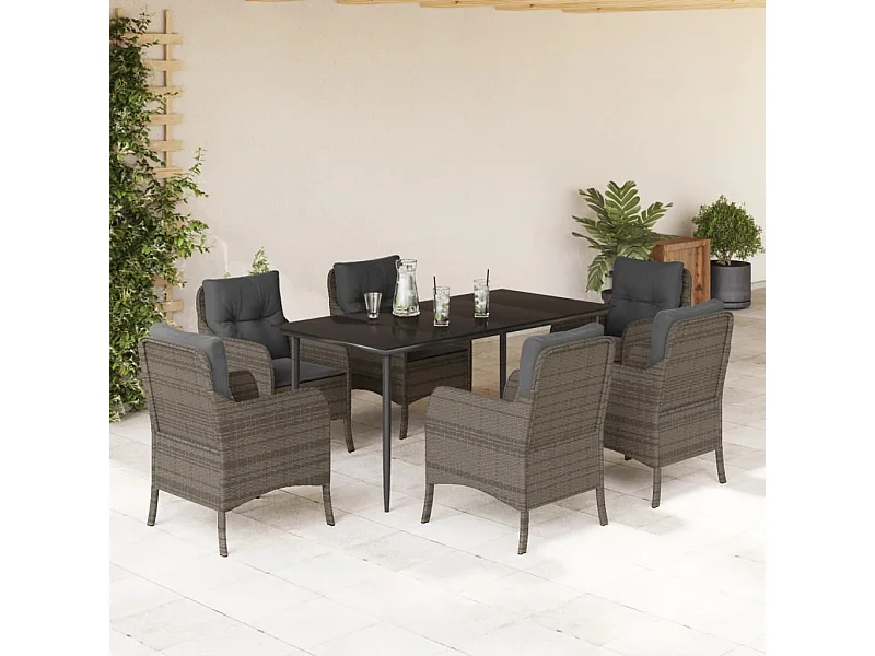 Ensemble à manger de jardin et coussins 7 pcs gris rotin