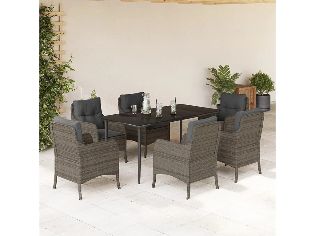 Ensemble à manger de jardin et coussins 7 pcs gris rotin