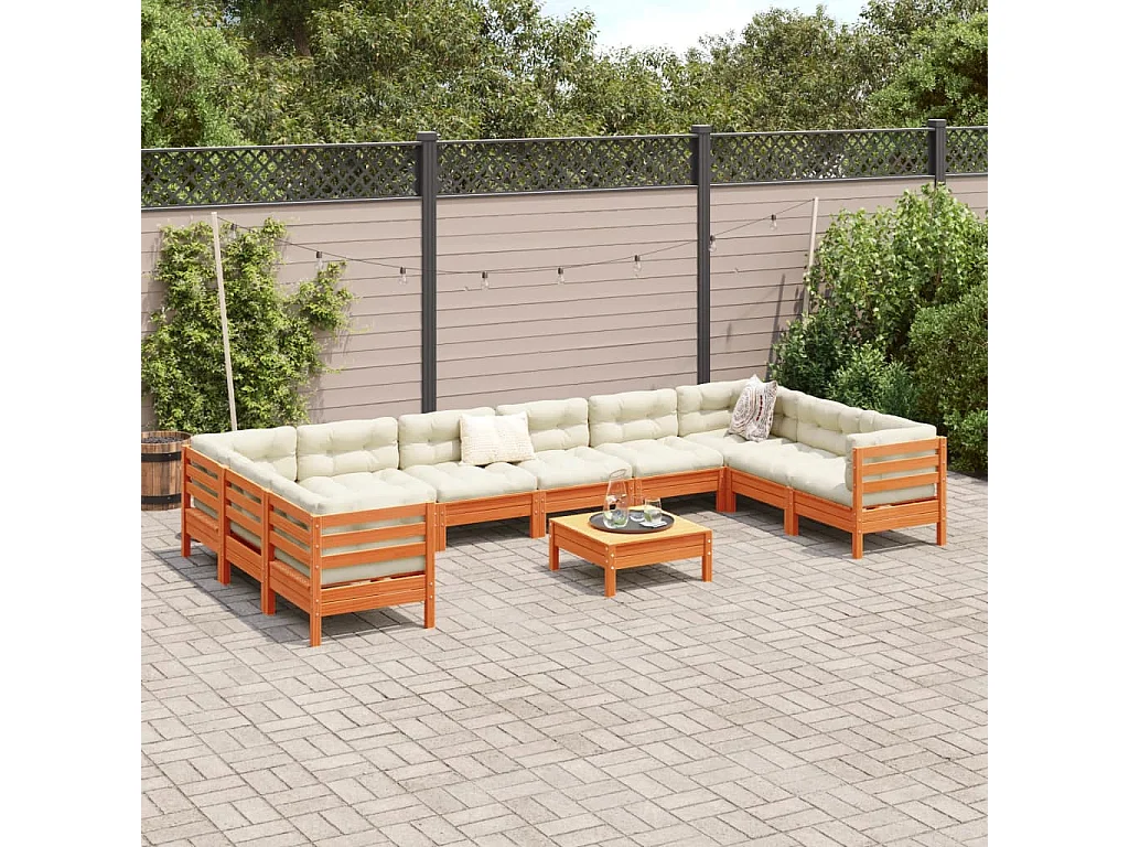 Salon de jardin avec coussins 11pcs cire marron bois pin massif