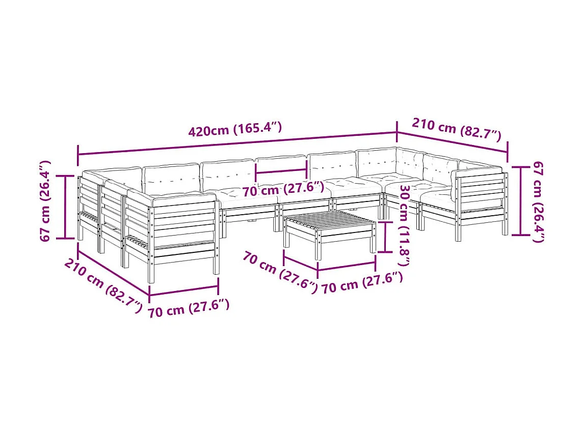 Salon de jardin avec coussins 11pcs cire marron bois pin massif