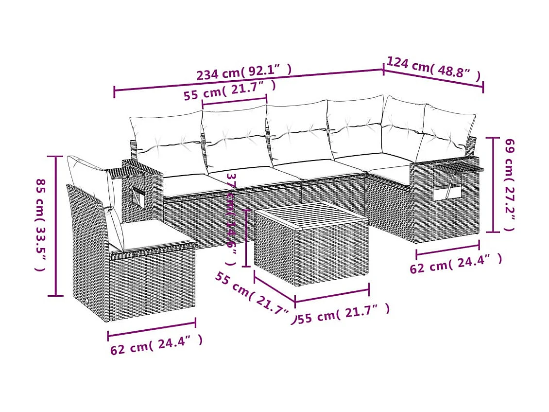 Salon de jardin avec coussins 7 pcs beige résine tressée