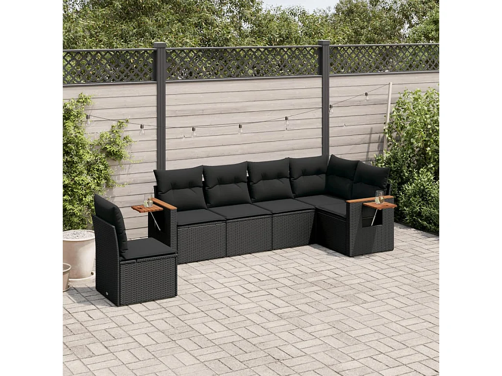 Salon de jardin 6 pcs avec coussins noir résine tressée