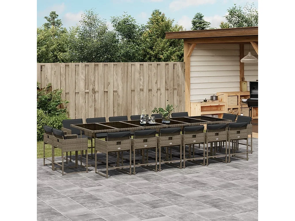 17 pcs conj. de jantar p/ jardim c/ almofadões vime PE cinzento