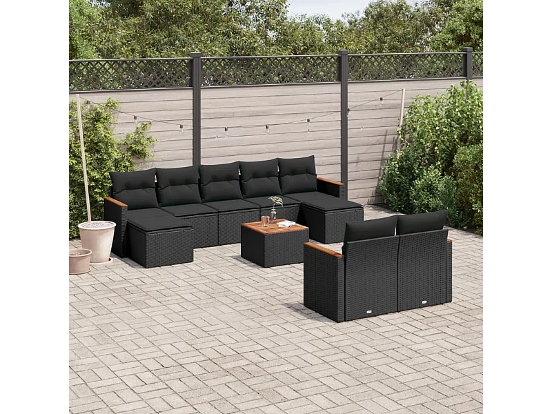 Set Divani da Giardino 10pz con Cuscini in Polyrattan Nero