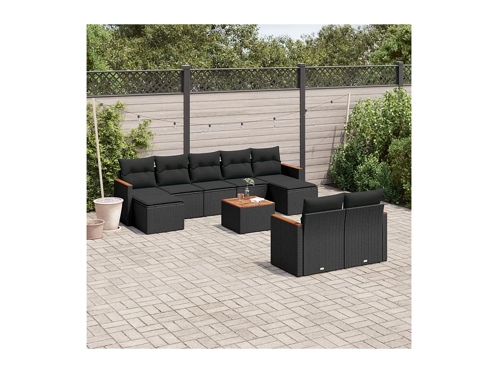 10-delige Loungeset met kussens poly rattan zwart