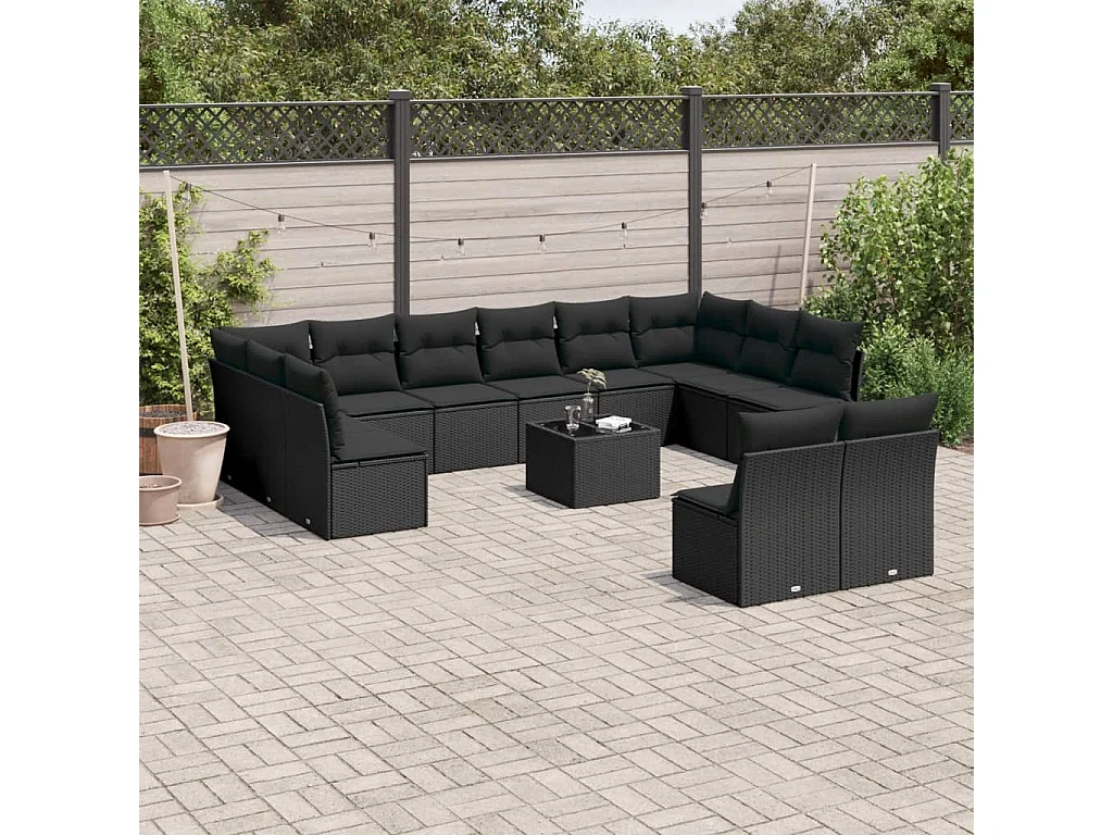 Salon de jardin avec coussins 13 pcs noir résine tressée