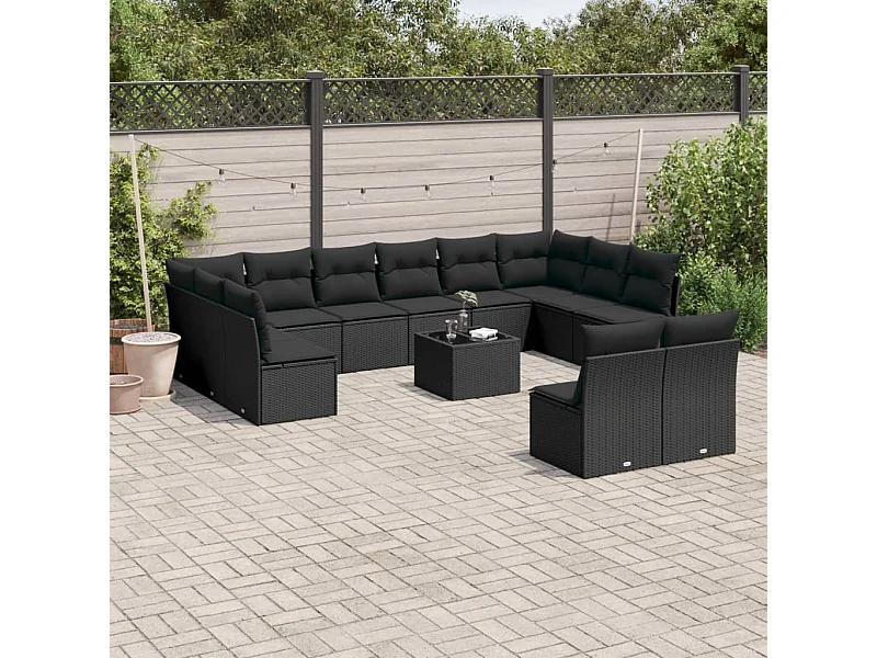 Salon de jardin avec coussins 13 pcs noir résine tressée