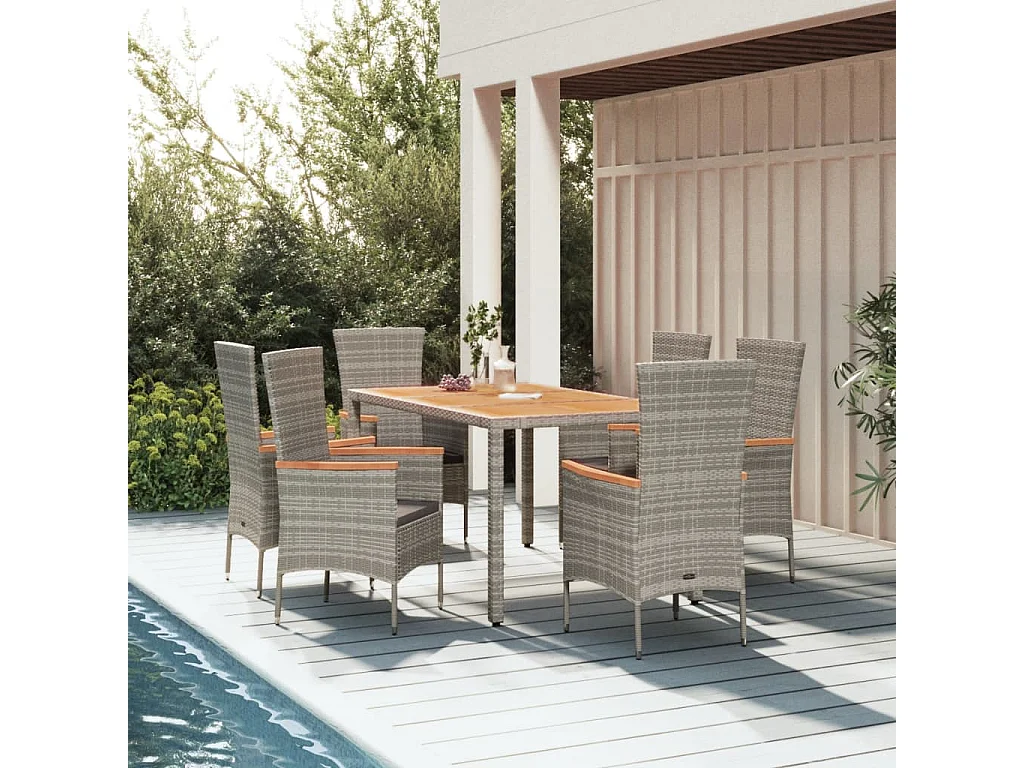 Ensemble à manger de jardin et coussins 7 pcs gris rotin