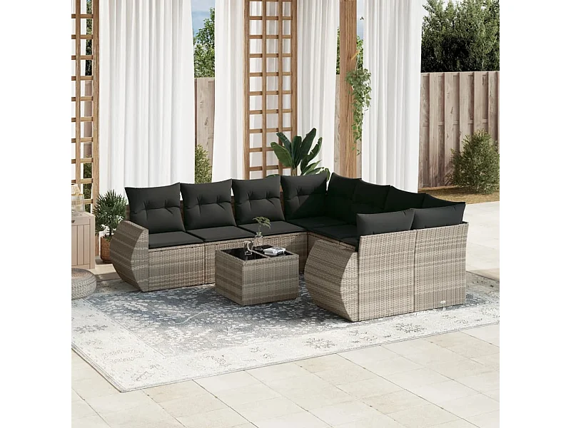 Salon de jardin 9 pcs avec coussins gris clair résine tressée