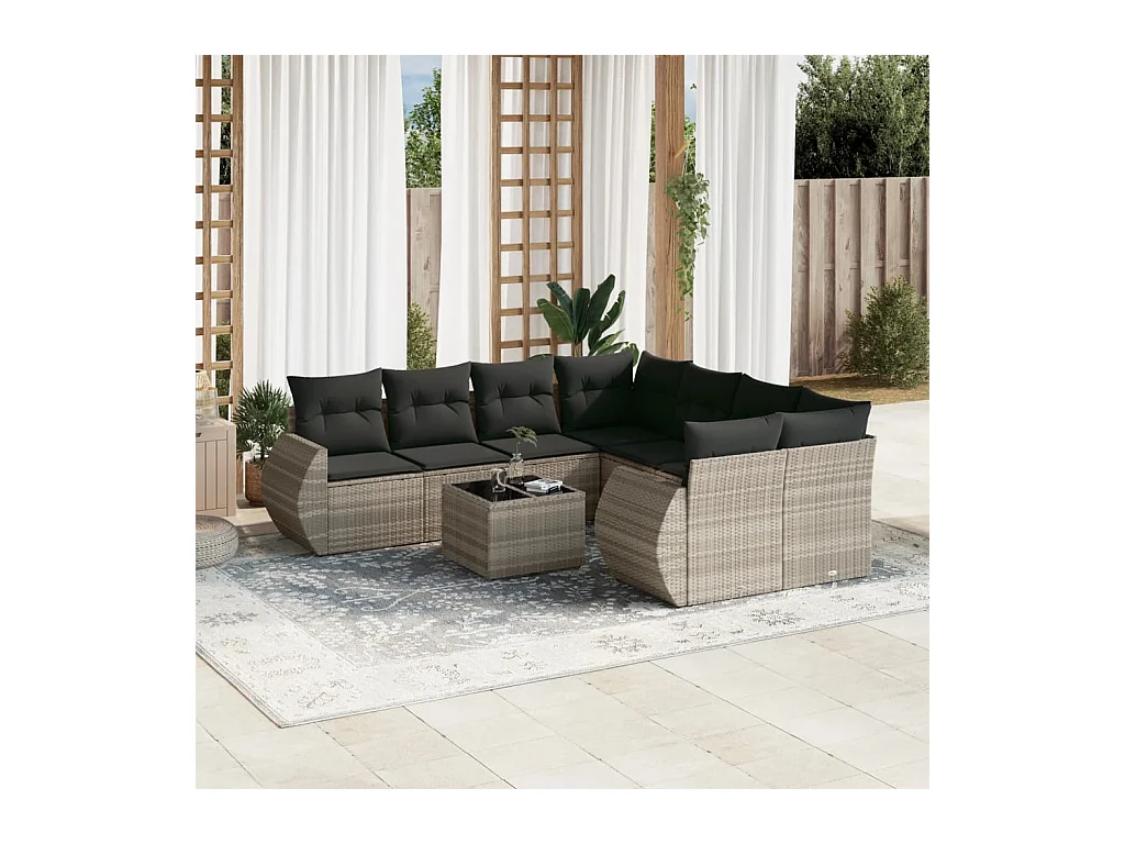 Salon de jardin 9 pcs avec coussins gris clair résine tressée
